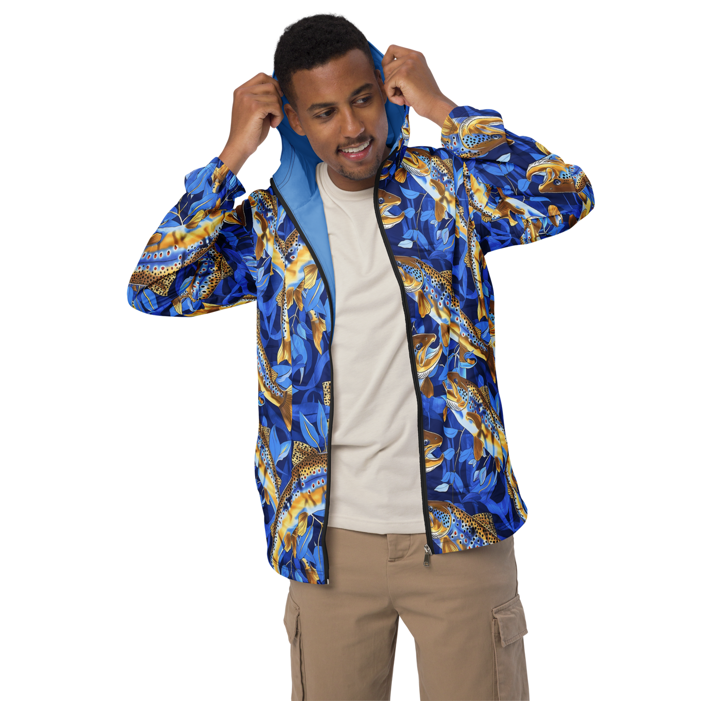 Men's Lightweight Windbreaker Jacket – Golden Jumping Trout on Blue Flora