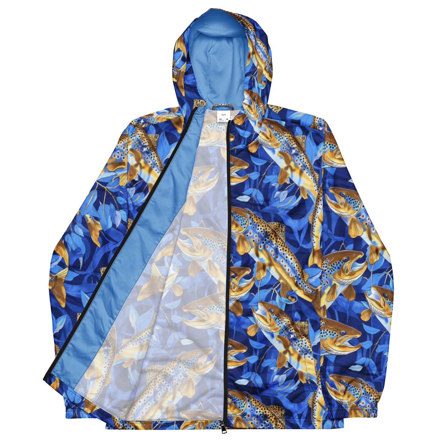 Men's Lightweight Windbreaker Jacket – Golden Jumping Trout on Blue Flora