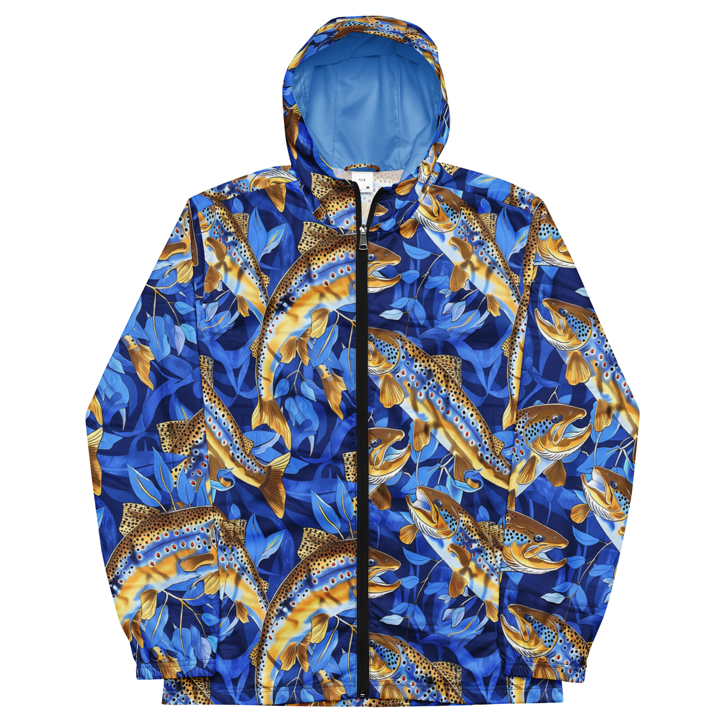 Men's Lightweight Windbreaker Jacket – Golden Jumping Trout on Blue Flora